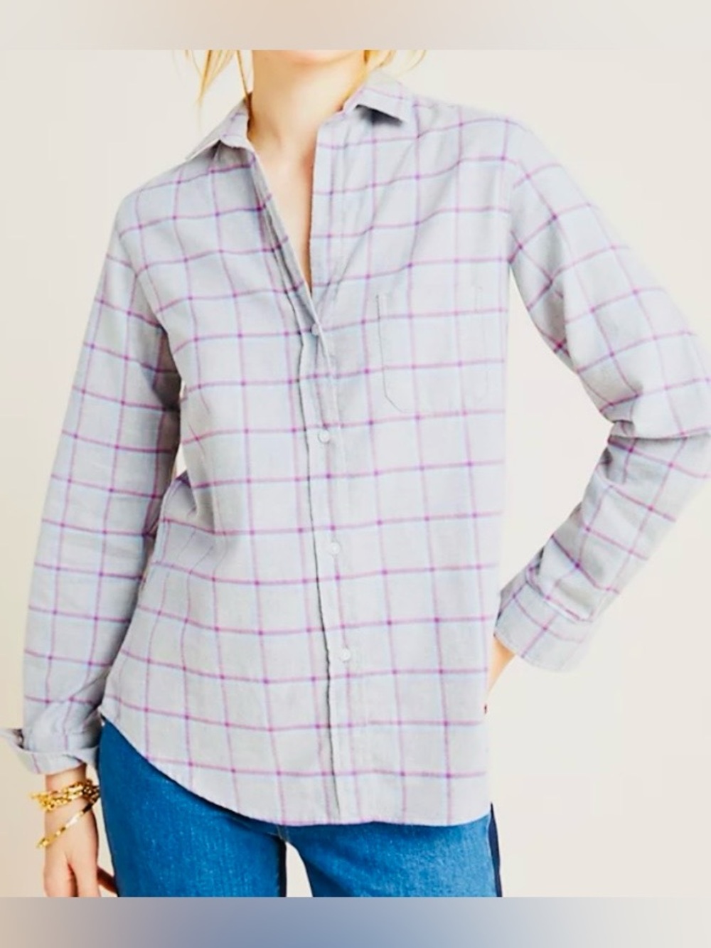 GRAYSON, The Hero Flannel Light Gray Button-Up Shirt with Pink Lines, Size Small